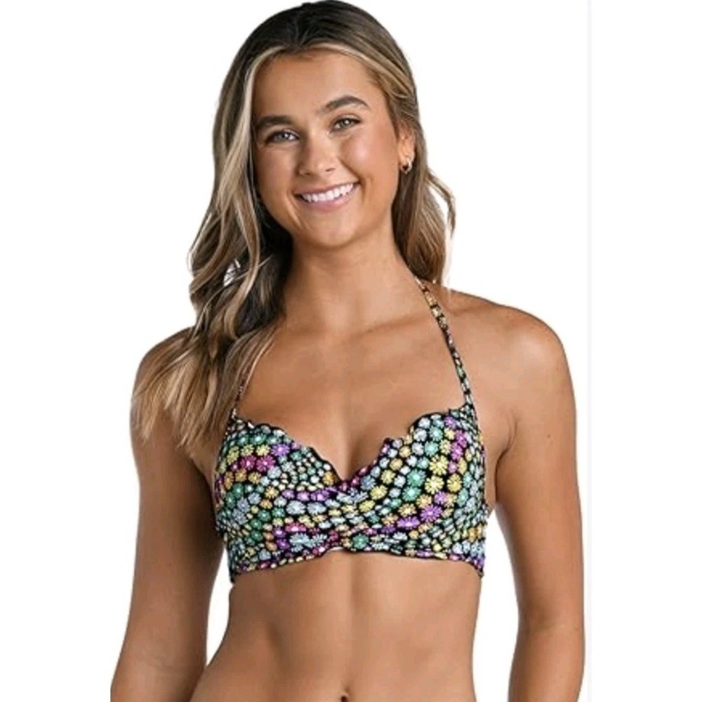 NEW Hobie Women S Bikini Swim Bathing Suit Push Up Floral Black Halter Tie Beach
